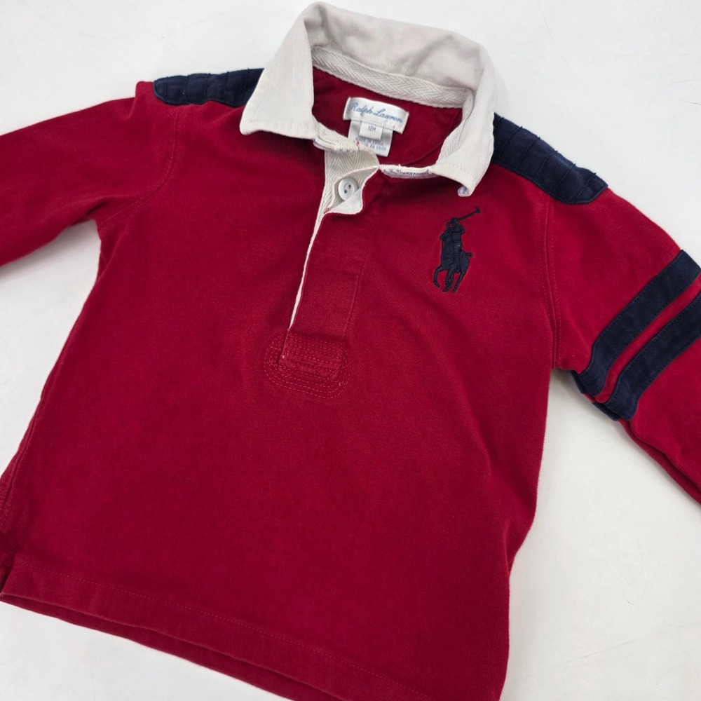 RALPH LAUREN RUGBY POLO BABY 12 MONTHS RED BLUE LONG SLEEVE BIG PONY BIG 67 LOGO